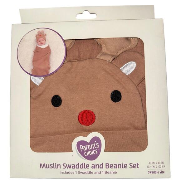 Parent's Choice Brown Reindeer Xmas Swaddle Set, Swaddle Baby Blanket and Beanie - Picture 3 of 8